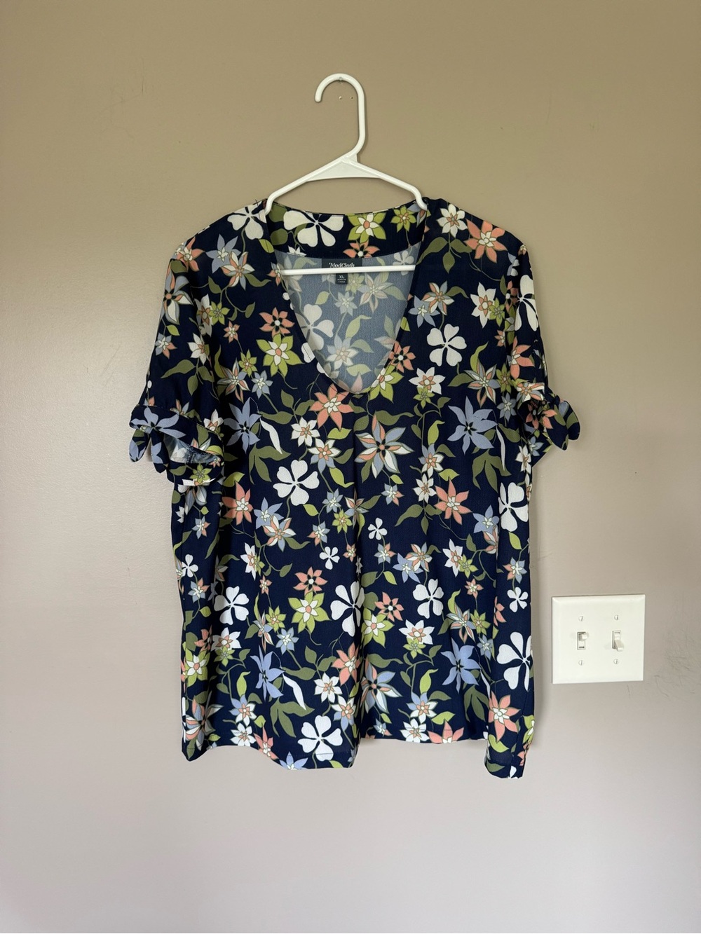 Modcloth Navy Floral V-Neck Ruffle Sleeve Blouse